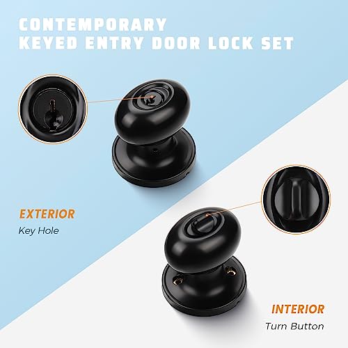 KNOBWELL 3 Pack Oval Style Keyed Door Knobs, Matte Black with Lock & Key, Interior/Exterior