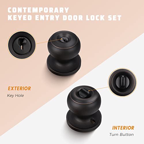 KNOBWELL 3 Pack Oil Rubbed Bronze Front Door Knobs with Lock and Key