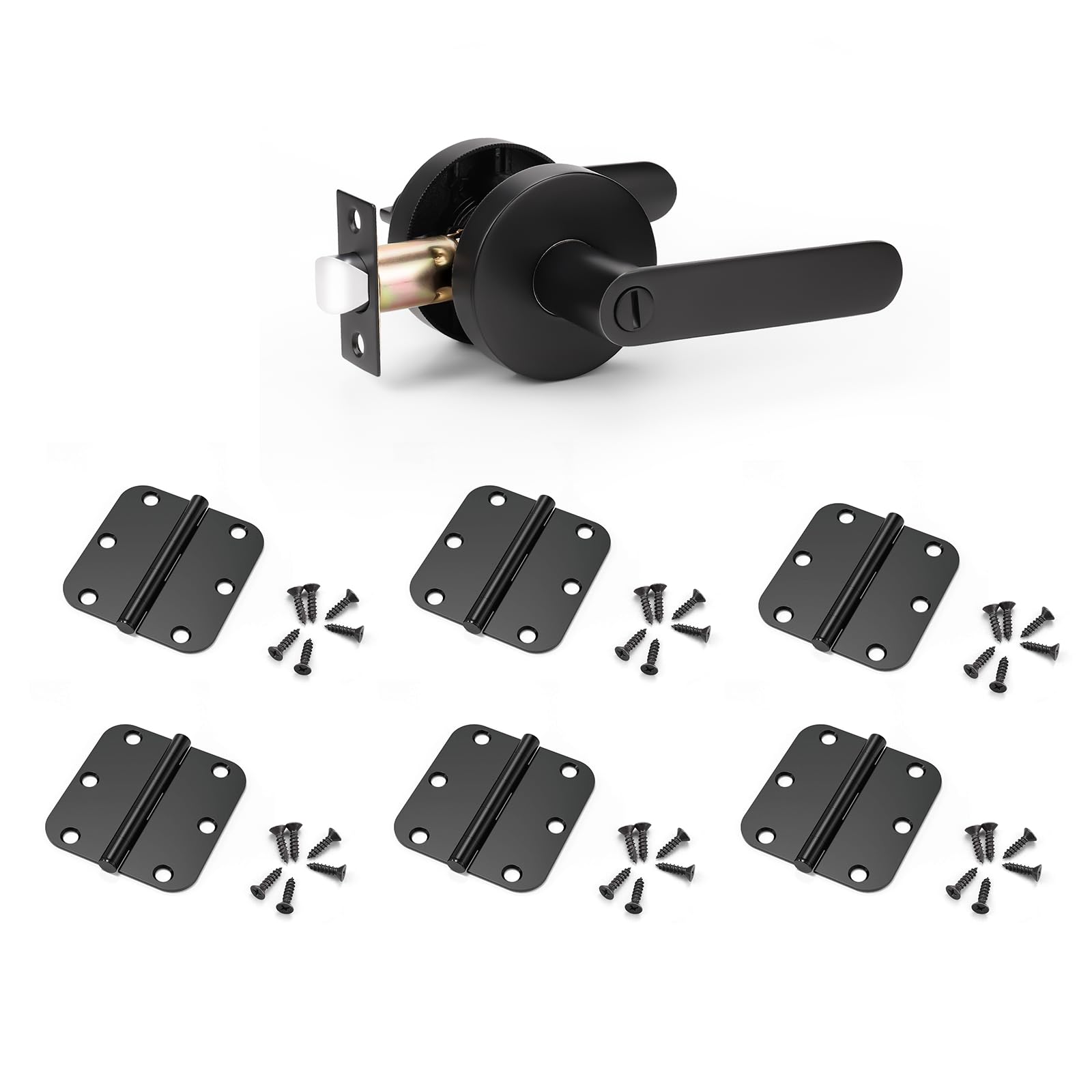 KNOBWELL Matte Black Door Handle & Hinge Set for Bedroom/Bathroom